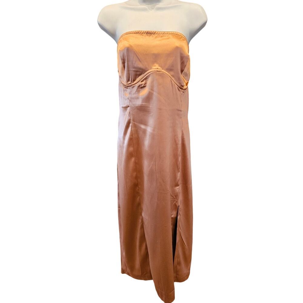 NWT Forever 21 Satin Strapless Midi Dress gold front slit formal prom 1X chic
